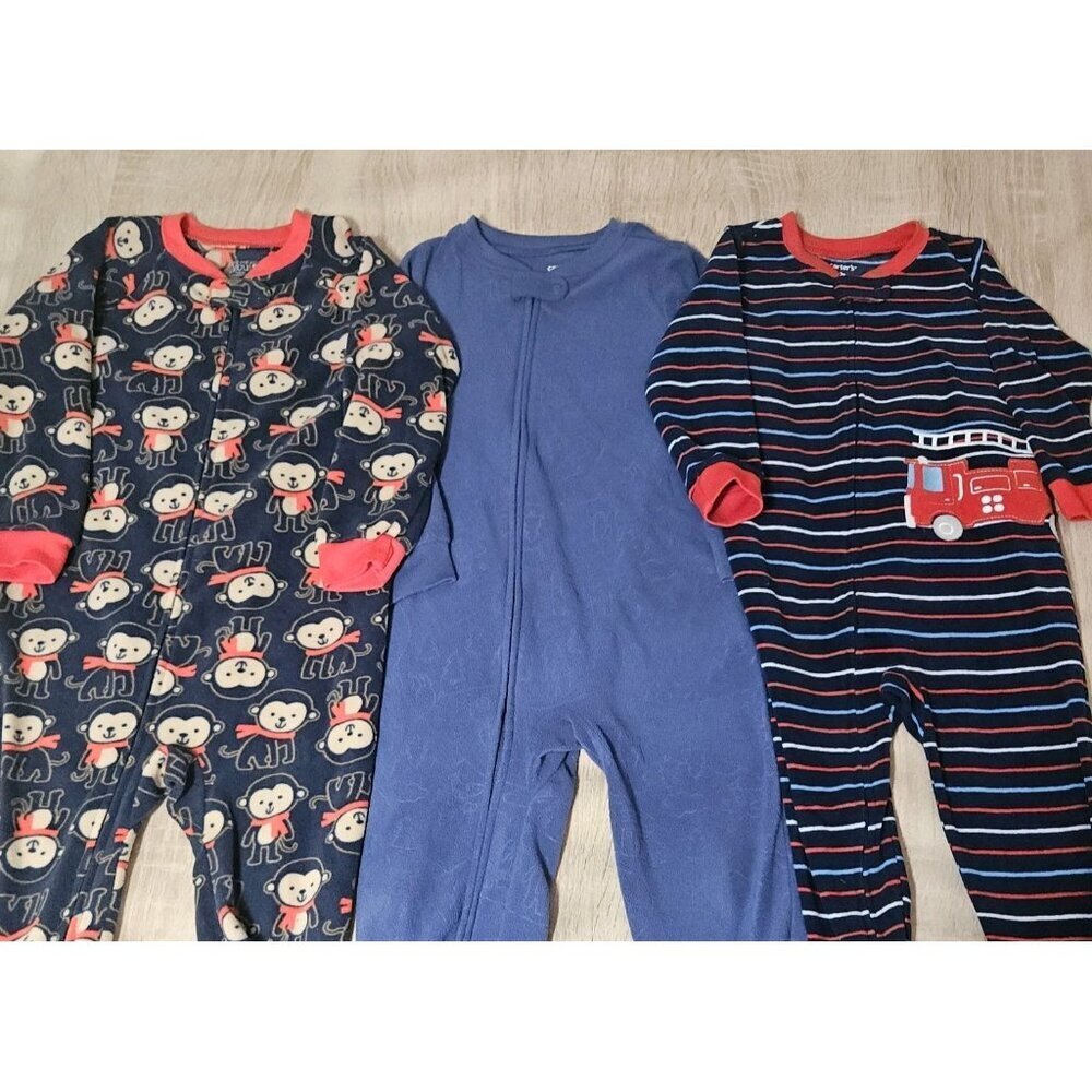 Lot Of 3 Fleece Footed Pajamas Pjs Boys Sizes 3t & 2t Firetruck Monkey